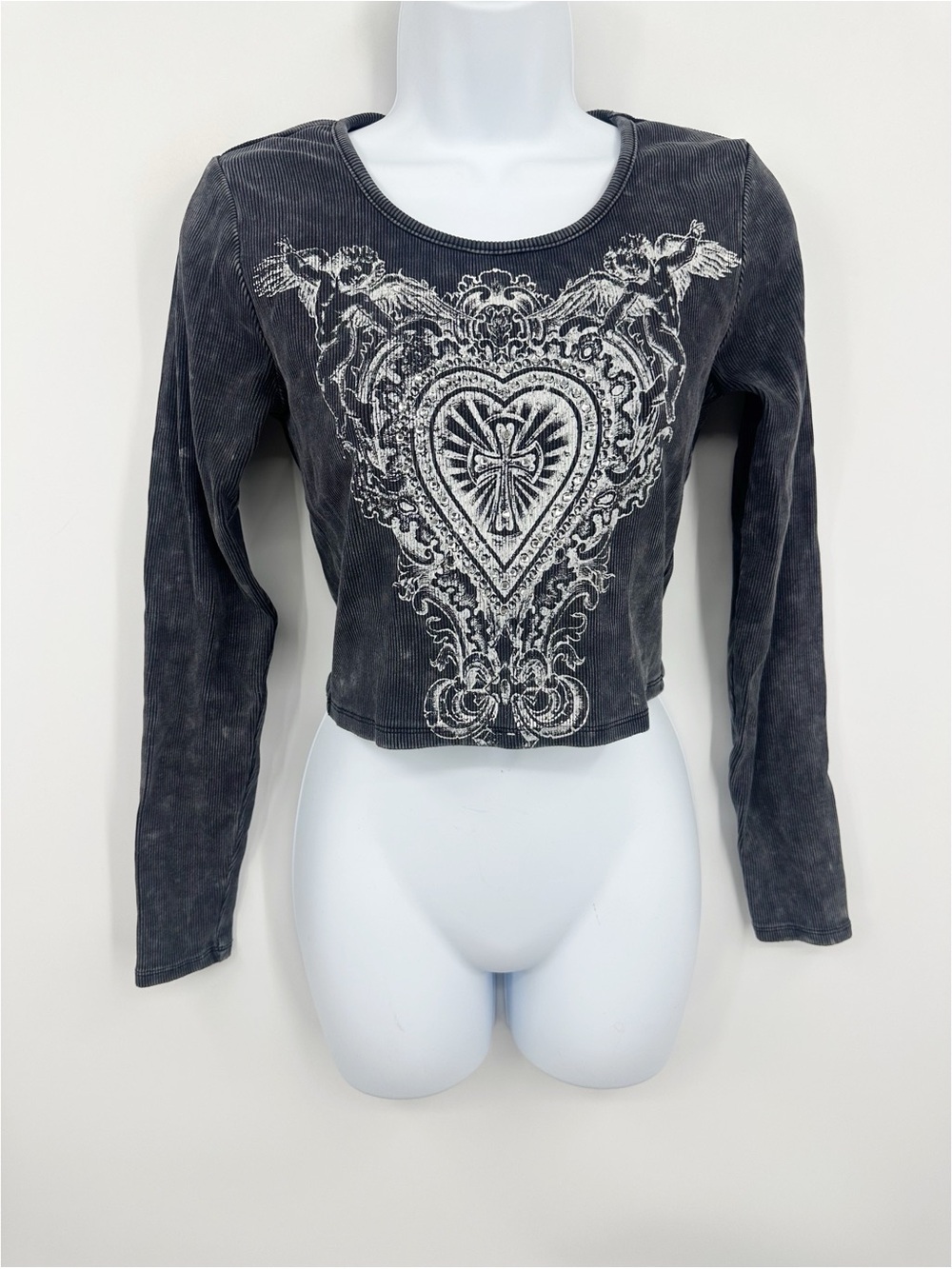 Social Collision Ornate Heart And Cross Gray Rhinestone Crop Top Size Medium